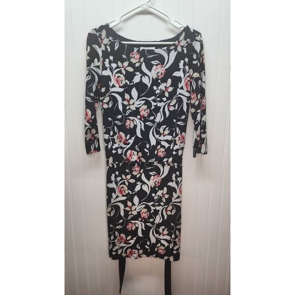 White House Black Market Floral Print Black & Pink 3/4 Sleeve Dress With Waist T - Picture 1 of 9